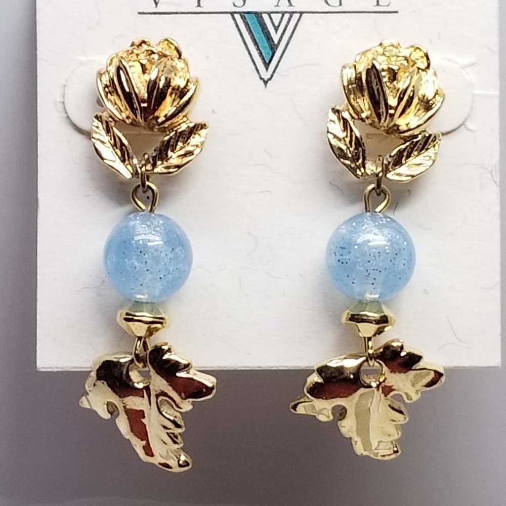 Visage Earrings Drop Bl Glass Gold Tone